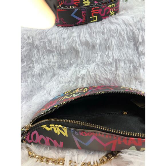 Black Fanny Pack Colorful Graffiti Print Matching Adjustable Strap Zip Closure - Picture 3 of 7
